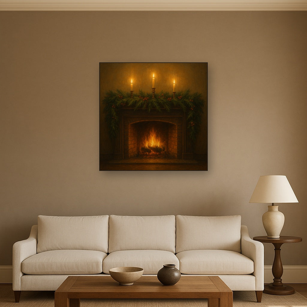 Vintage Fireside Hearth & Cedar Garlands No. 3 Oil Painting - View 2