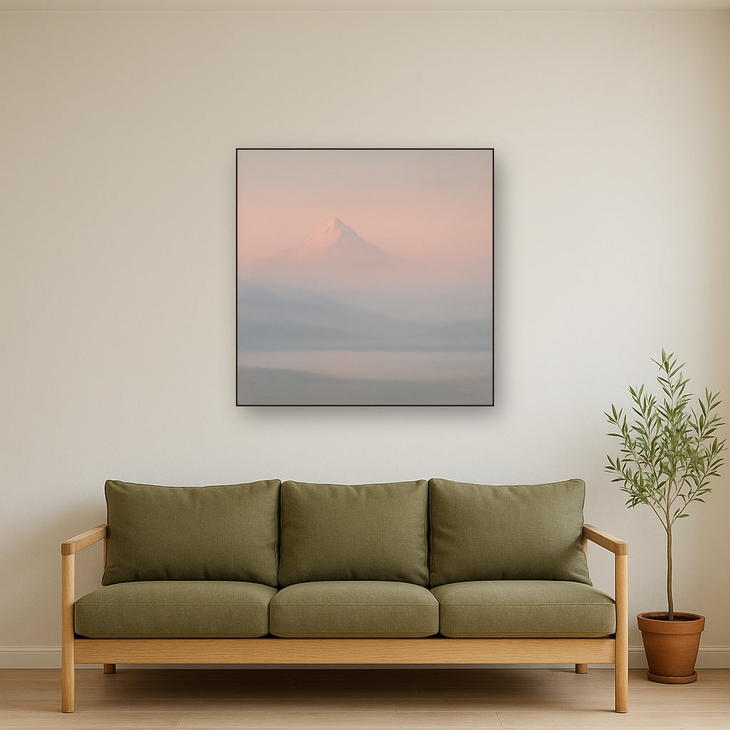 Pale Alpenglow over Distant Glacial Peak No. 4 Oil Painting Staged Above Sectional Sofa in Living Room, Hand Painted Canvas Wall Art for Home Decor
