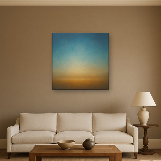 Celestial Azure & Warm Ochre Equilibrium No. 13 Oil Painting Staged Above Sectional Sofa in Living Room, Hand Painted Canvas Wall Art for Home Decor
