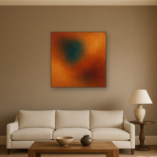 Deep Topaz & Spiced Terracotta Glow No. 3 Oil Painting Staged Above Sectional Sofa in Living Room, Hand Painted Canvas Wall Art for Home Decor