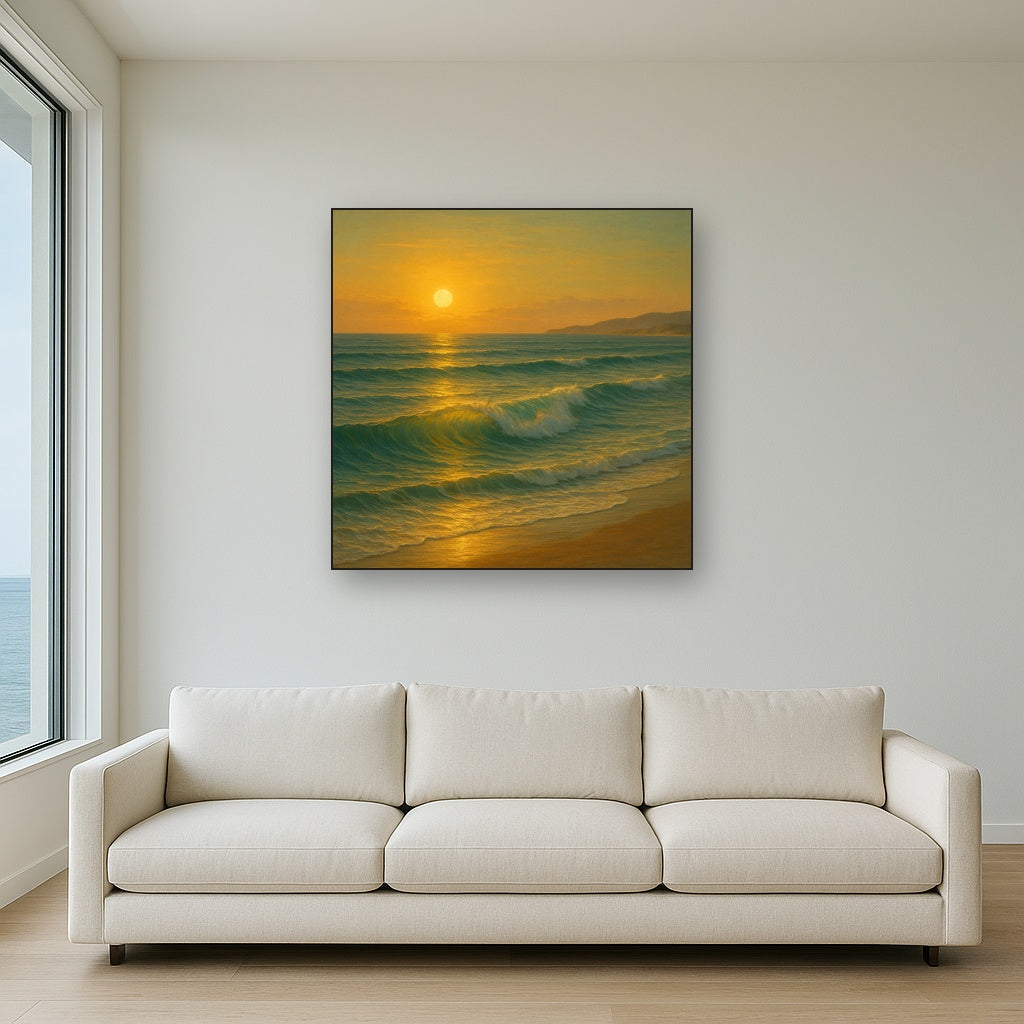 Golden Hour Sunlight on Ocean Swells No. 10 Oil Painting Staged Above Sectional Sofa in Living Room, Hand Painted Canvas Wall Art for Home Decor