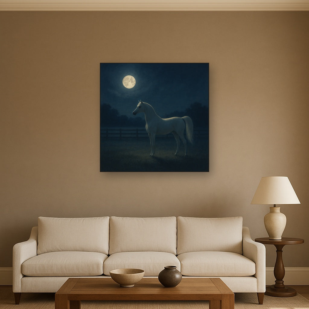 Moonlit Paddock with White Arabian Silhouette No. 11 Oil Painting - View 2
