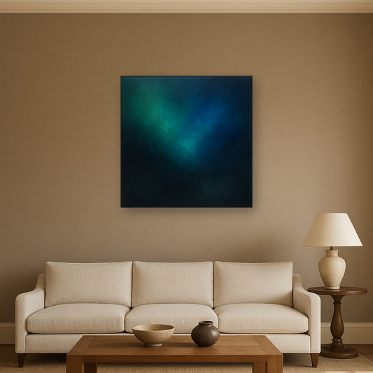 Emerald & Midnight Sapphire Sfumato Immersion No. 15 Oil Painting Staged Above Sectional Sofa in Living Room, Hand Painted Canvas Wall Art for Home Decor