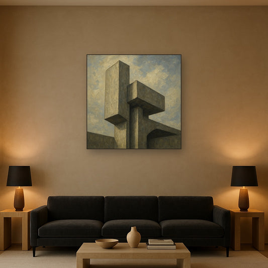 Brutalist Concrete Monolith & Sky No. 4 Oil Painting - Styled in Modern Living Room