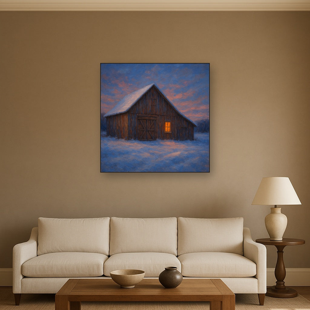 Rustic Wooden Barn in Quiet Winter Twilight No. 4 Fine Art Oil Painting - View 2