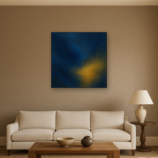 Lapis Lazuli & Golden Ochre Luminous Field No. 8 Oil Painting Staged Above Sectional Sofa in Living Room, Hand Painted Canvas Wall Art for Home Decor