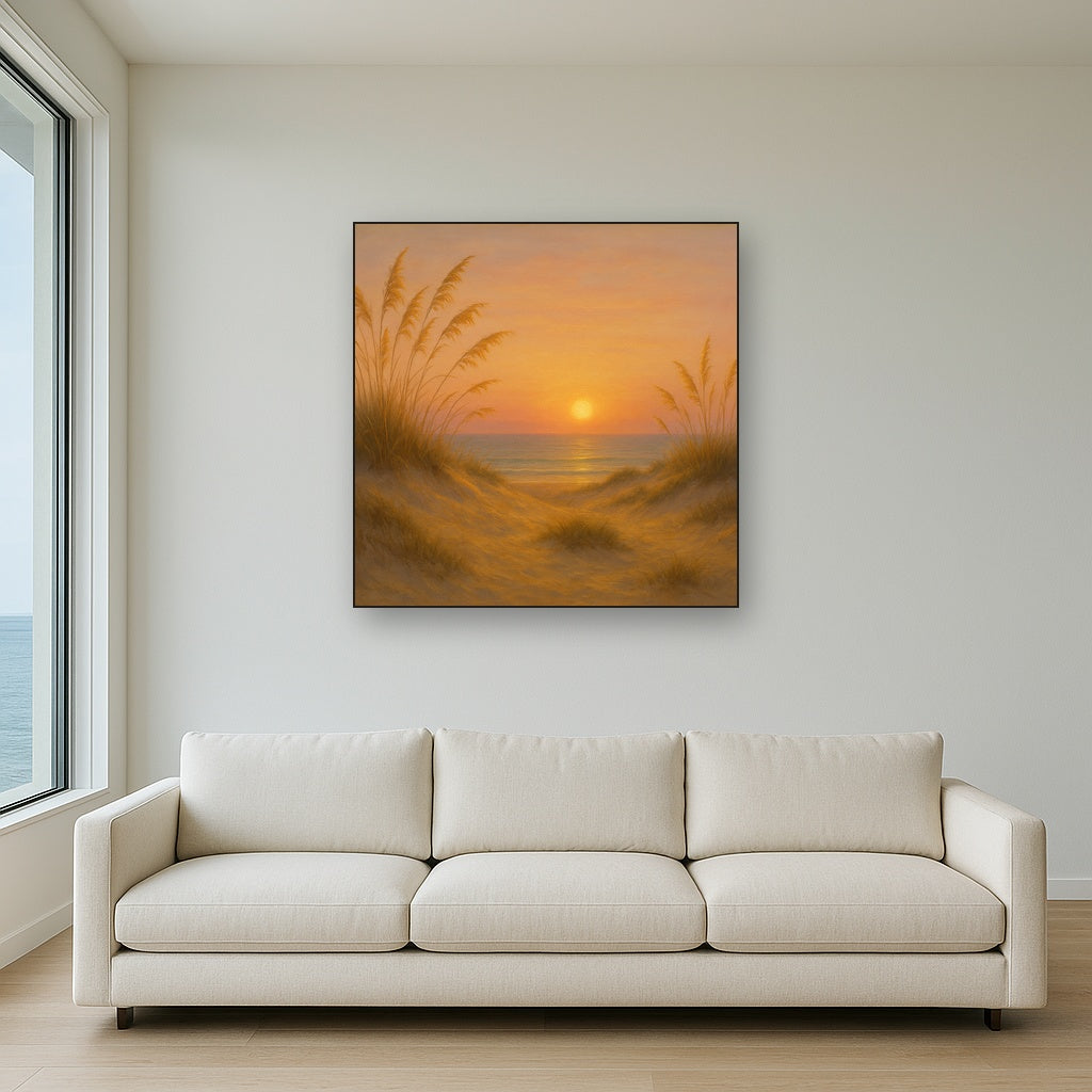 Sea Oats on Rolling Coastal Dunes at Sunset No. 8 Oil Painting Staged Above Sectional Sofa in Living Room, Hand Painted Canvas Wall Art for Home Decor