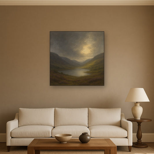 Highland Valley Storm Clearing No. 6 Oil Painting Staged Above Sectional Sofa in Living Room, Hand Painted Canvas Wall Art for Home Decor
