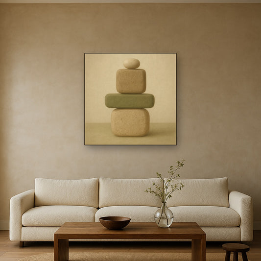 Muted Olive & Sandstone Geometric Balance No. 20 Oil Painting Staged Above Sectional Sofa in Living Room, Hand Painted Canvas Wall Art for Home Decor