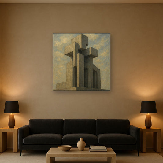 Brutalist Concrete Monolith & Sky No. 2 Oil Painting - Styled in Modern Living Room