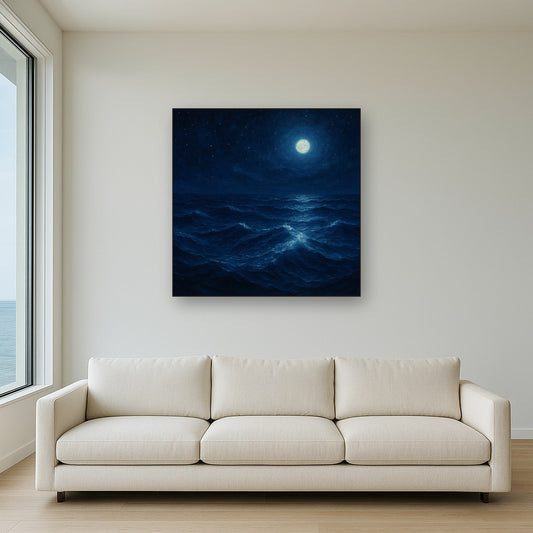 Deep Atlantic Midnight Seascape Oil Painting - Styled in Modern Living Room