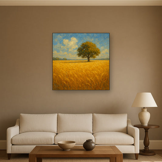 Sun-Drenched Wheat Field & Solitary Tree No. 3 Oil Painting - Styled in Modern Living Room