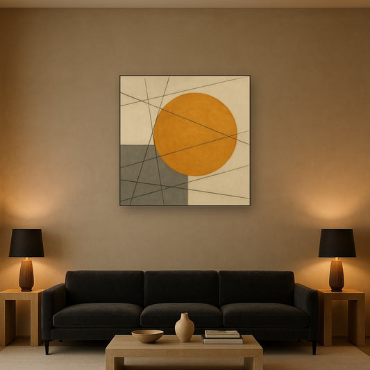 Abstract Tangent Lines & Earthy Ochre Disc No. 22 Oil Painting - View 2