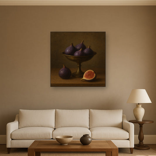 Ripe Figs & Bronze Compote Still Life No. 10 Oil Painting Staged Above Sectional Sofa in Living Room, Hand Painted Canvas Wall Art for Home Decor
