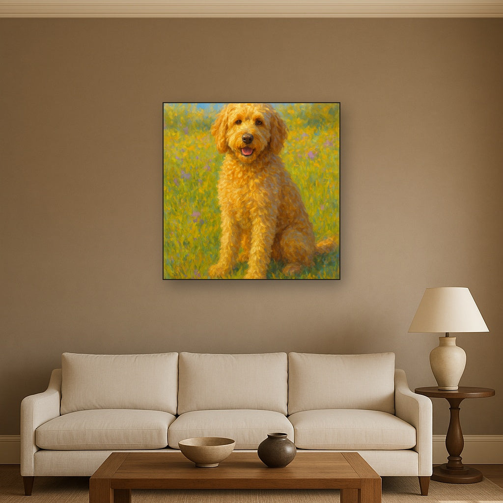Fluffy Goldendoodle in Sun-Drenched Meadow No. 15 Fine Art Oil Painting - View 2