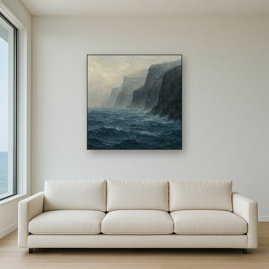 Nordic Cliffside Fog Seascape Oil Painting - Styled in Modern Living Room