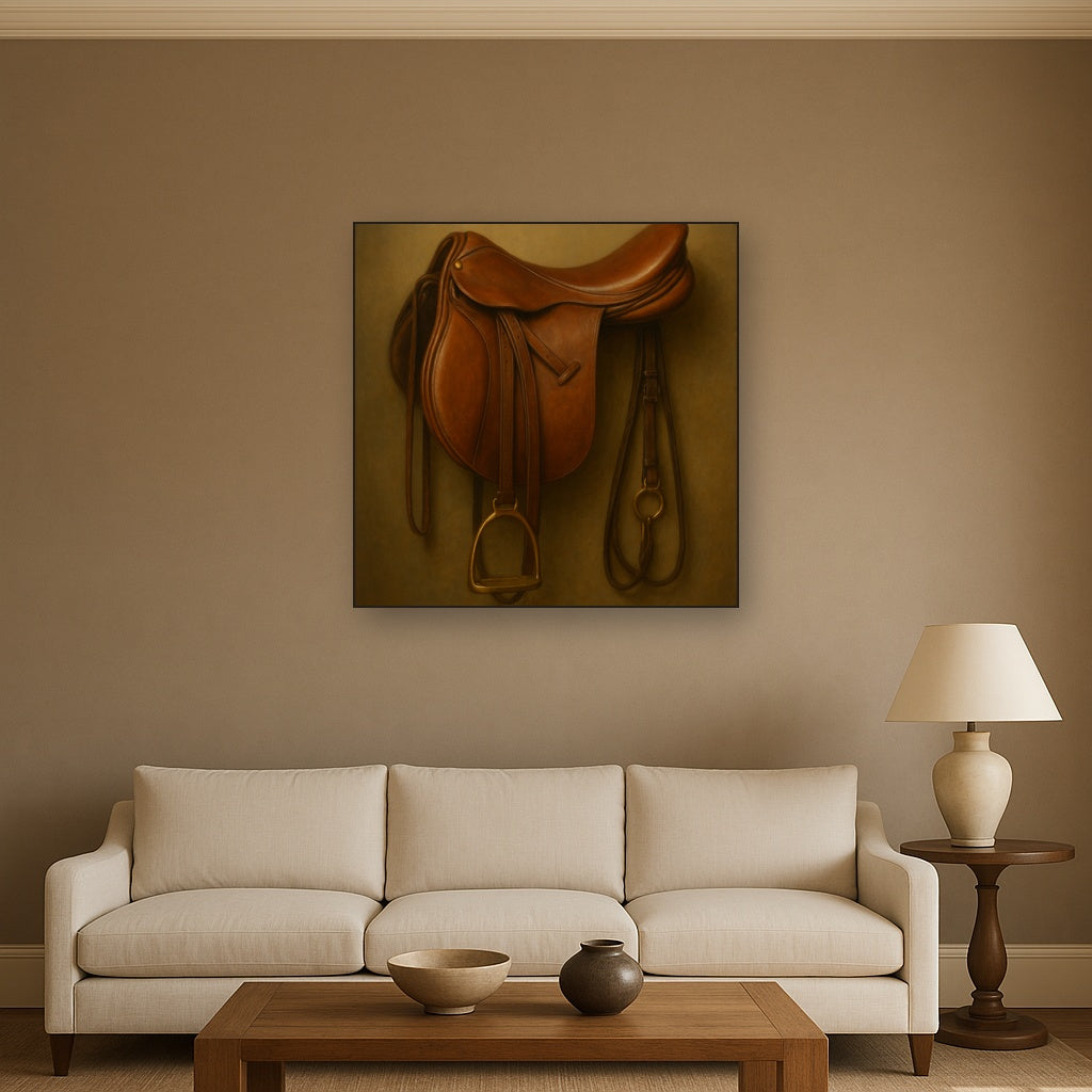 Vintage Bridle & Polished Leather Saddle No. 20 Oil Painting Staged Above Sectional Sofa in Living Room, Hand Painted Canvas Wall Art for Home Decor