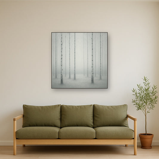 Pale Birch Woodland Silhouette in Whiteout No. 5 Oil Painting Staged Above Sectional Sofa in Living Room, Hand Painted Canvas Wall Art for Home Decor