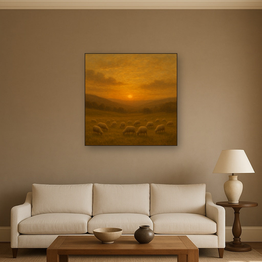 Sunset Grazing Flock in Golden Valley No. 2 Oil Painting - View 2