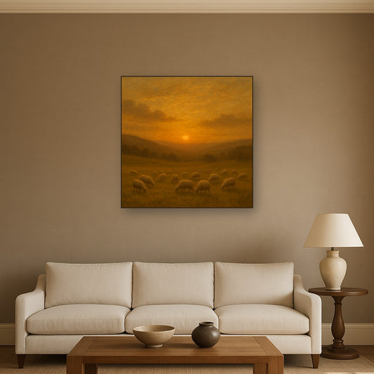 Sunset Grazing Flock in Golden Valley No. 2 Oil Painting Staged Above Sectional Sofa in Living Room, Hand Painted Canvas Wall Art for Home Decor