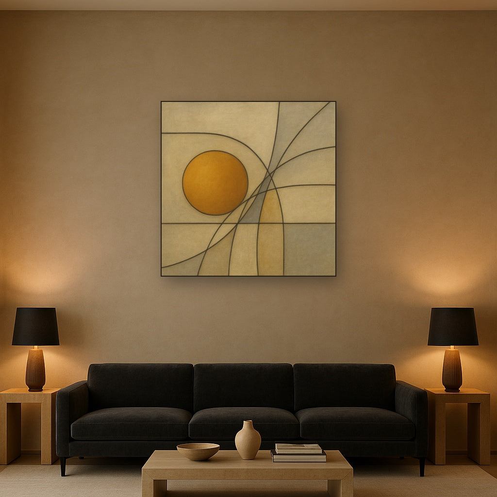 Abstract Tangent Lines & Earthy Ochre Disc No. 19 Oil Painting - View 2