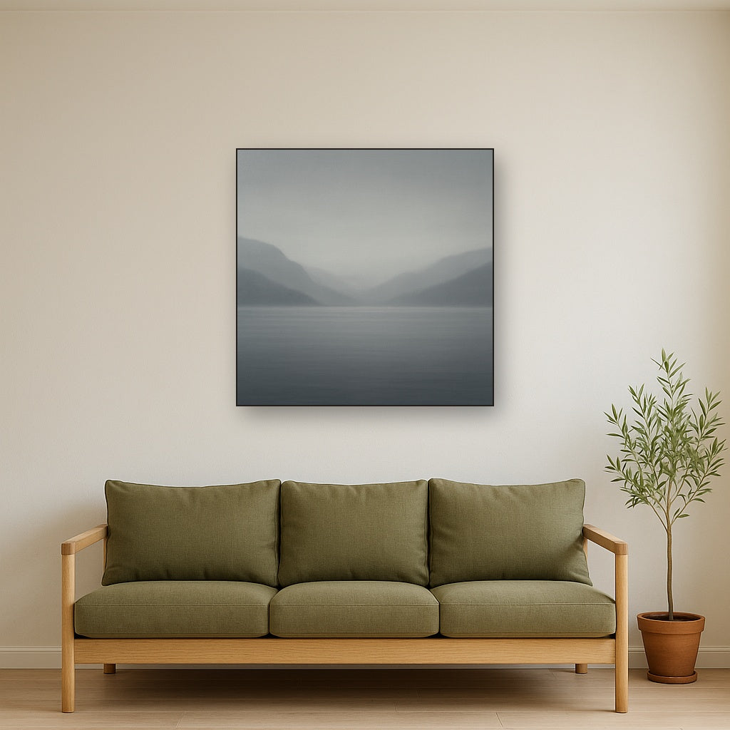 Misty Fjord Horizon in Monochromatic Slate No. 18 Oil Painting Staged Above Sectional Sofa in Living Room, Hand Painted Canvas Wall Art for Home Decor
