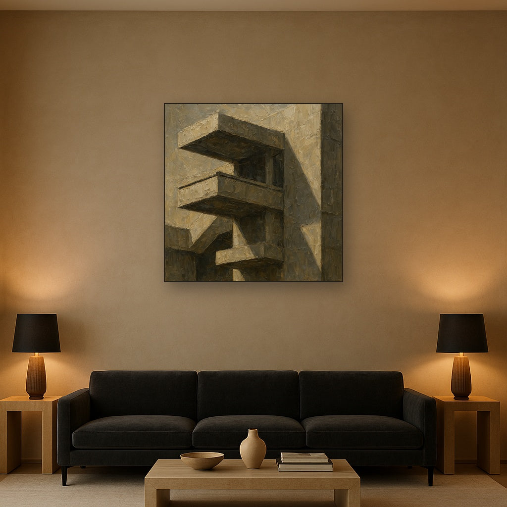 Brutalist Cantilevered Balcony Study No. 7 Oil Painting - Styled in Modern Living Room