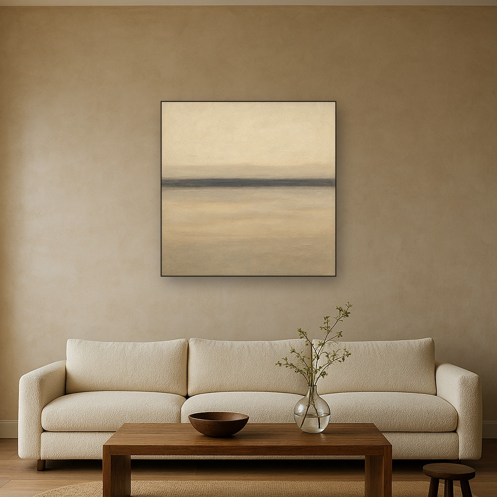 Raw Limestone Horizon & Washed Linen No. 13 Oil Painting Staged Above Sectional Sofa in Living Room, Hand Painted Canvas Wall Art for Home Decor
