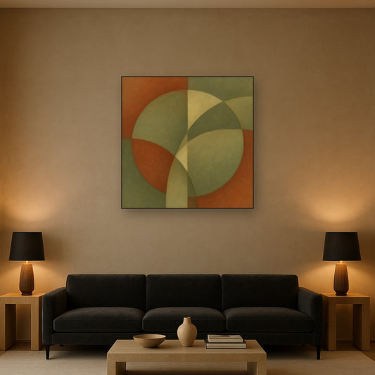 Intersecting Curved Forms in Olive & Rust No. 4 Oil Painting Staged Above Sectional Sofa in Living Room, Hand Painted Canvas Wall Art for Home Decor