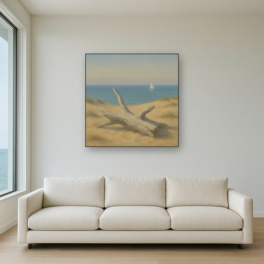 Sun-Bleached Driftwood & Distant Sailboat No. 10 Oil Painting Staged Above Sectional Sofa in Living Room, Hand Painted Canvas Wall Art for Home Decor