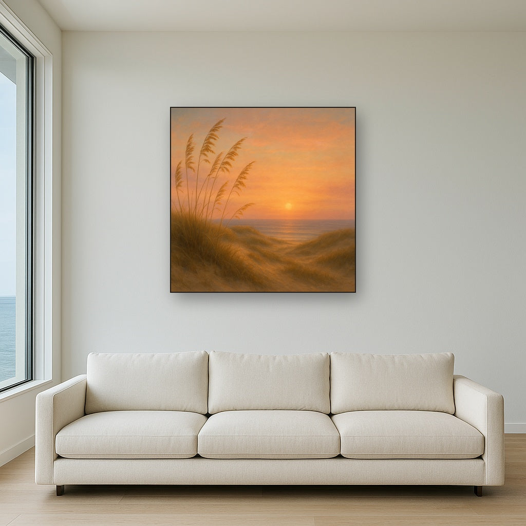 Sea Oats on Rolling Coastal Dunes at Sunset No. 2 Oil Painting Staged Above Sectional Sofa in Living Room, Hand Painted Canvas Wall Art for Home Decor
