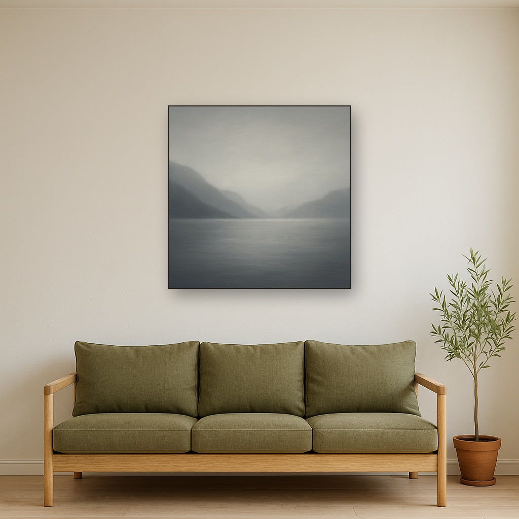 Misty Fjord Horizon in Monochromatic Slate No. 17 Oil Painting Staged Above Sectional Sofa in Living Room, Hand Painted Canvas Wall Art for Home Decor