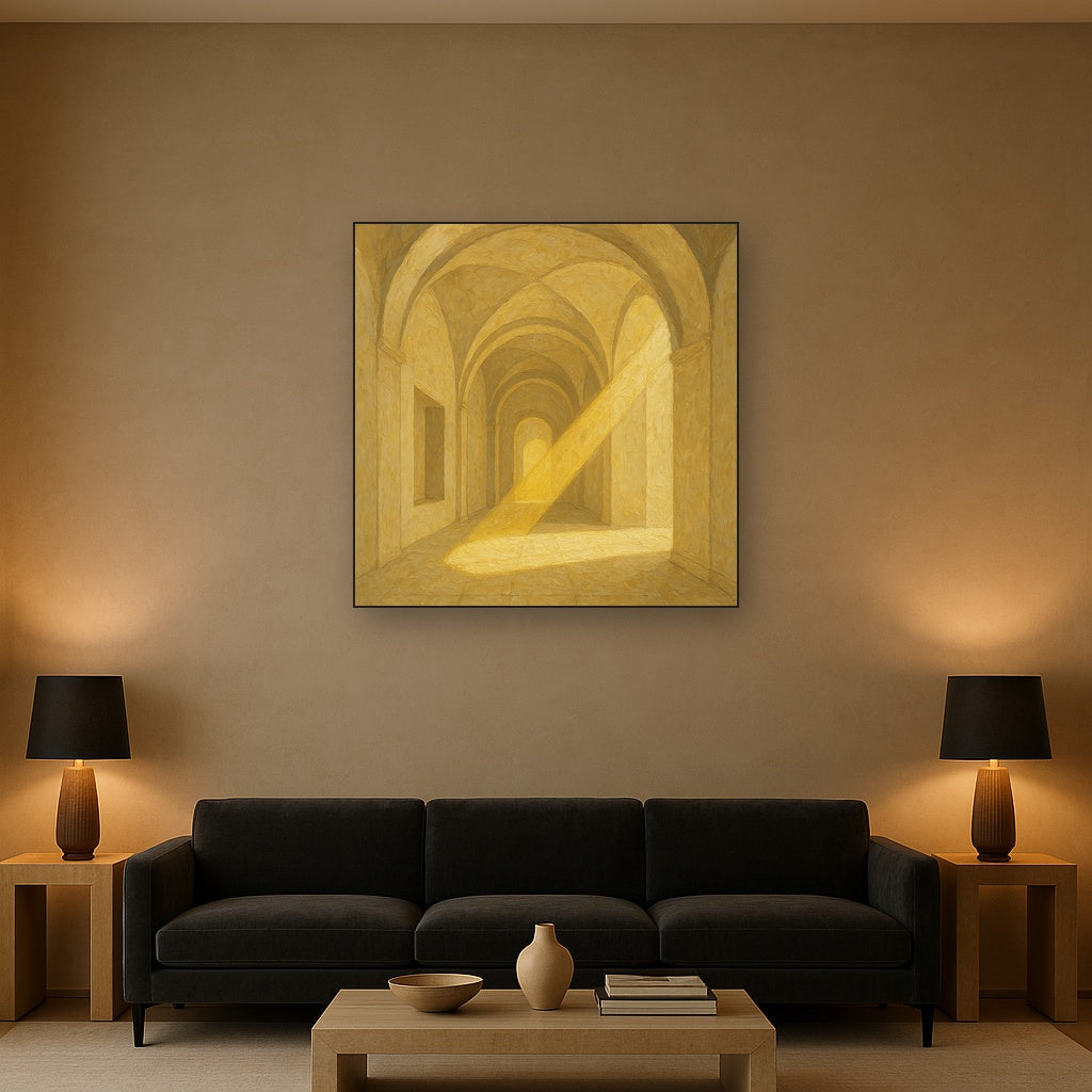 Modernist Vaulted Gallery Light Beam Oil Painting - Styled in Modern Living Room
