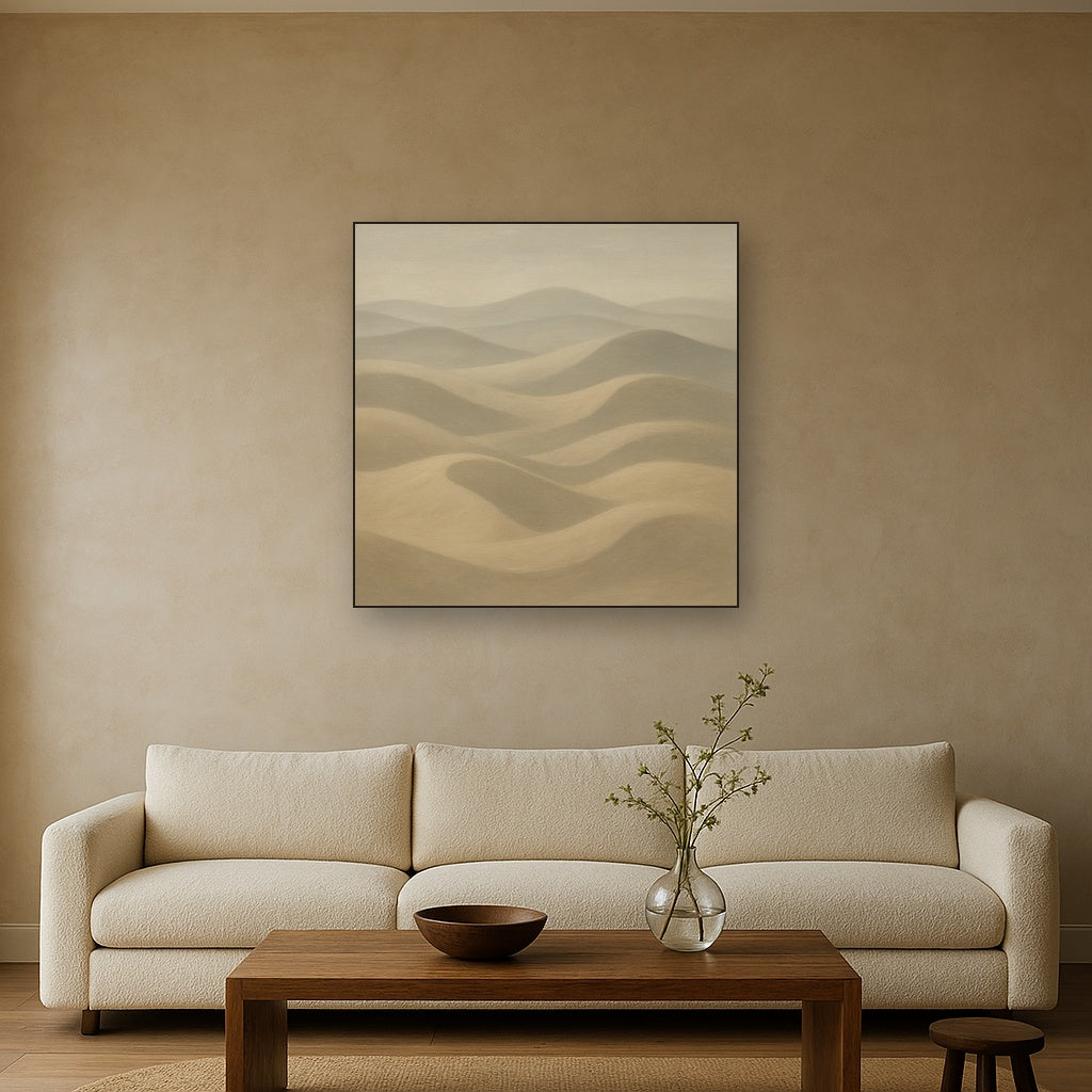 Monochrome Sand Dune Contours & Pale Slate No. 26 Oil Painting Staged Above Sectional Sofa in Living Room, Hand Painted Canvas Wall Art for Home Decor