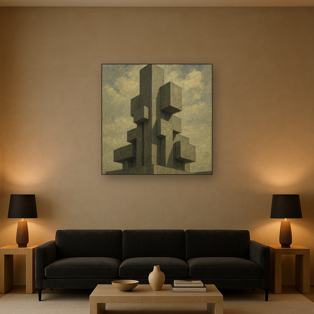 Brutalist Concrete Monolith & Sky No. 5 Oil Painting - Styled in Modern Living Room
