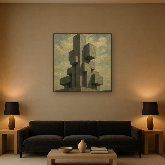 Brutalist Concrete Monolith & Sky No. 5 Oil Painting - Styled in Modern Living Room