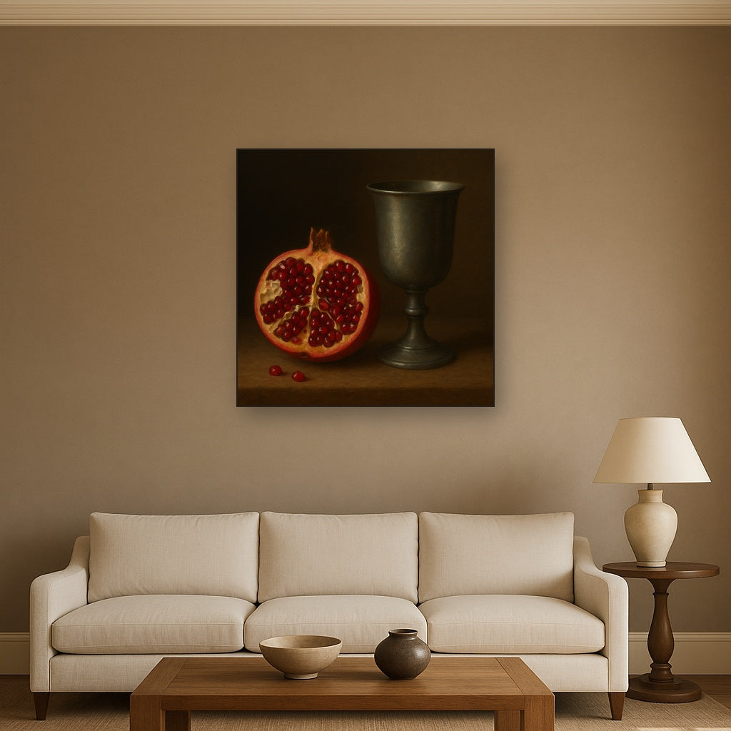 Pomegranate & Vintage Pewter Goblet No. 2 Oil Painting - View 2