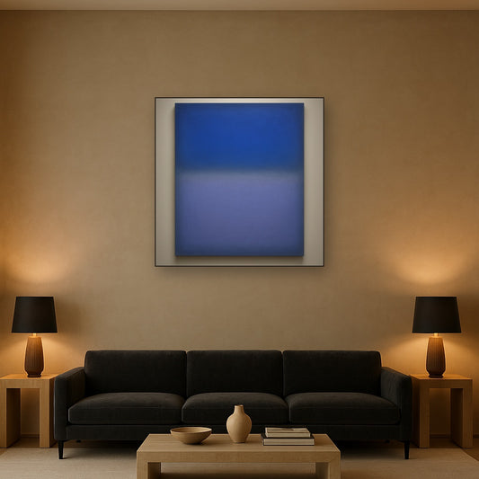 Cobalt Azure & Twilight Lavender Immersion No. 14 Oil Painting Staged Above Sectional Sofa in Living Room, Hand Painted Canvas Wall Art for Home Decor