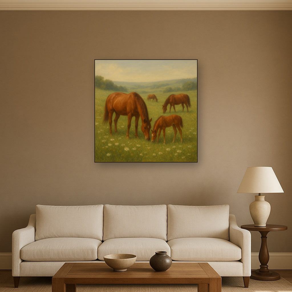 Mares & Foals Grazing in Rolling Meadow No. 11 Oil Painting - View 2