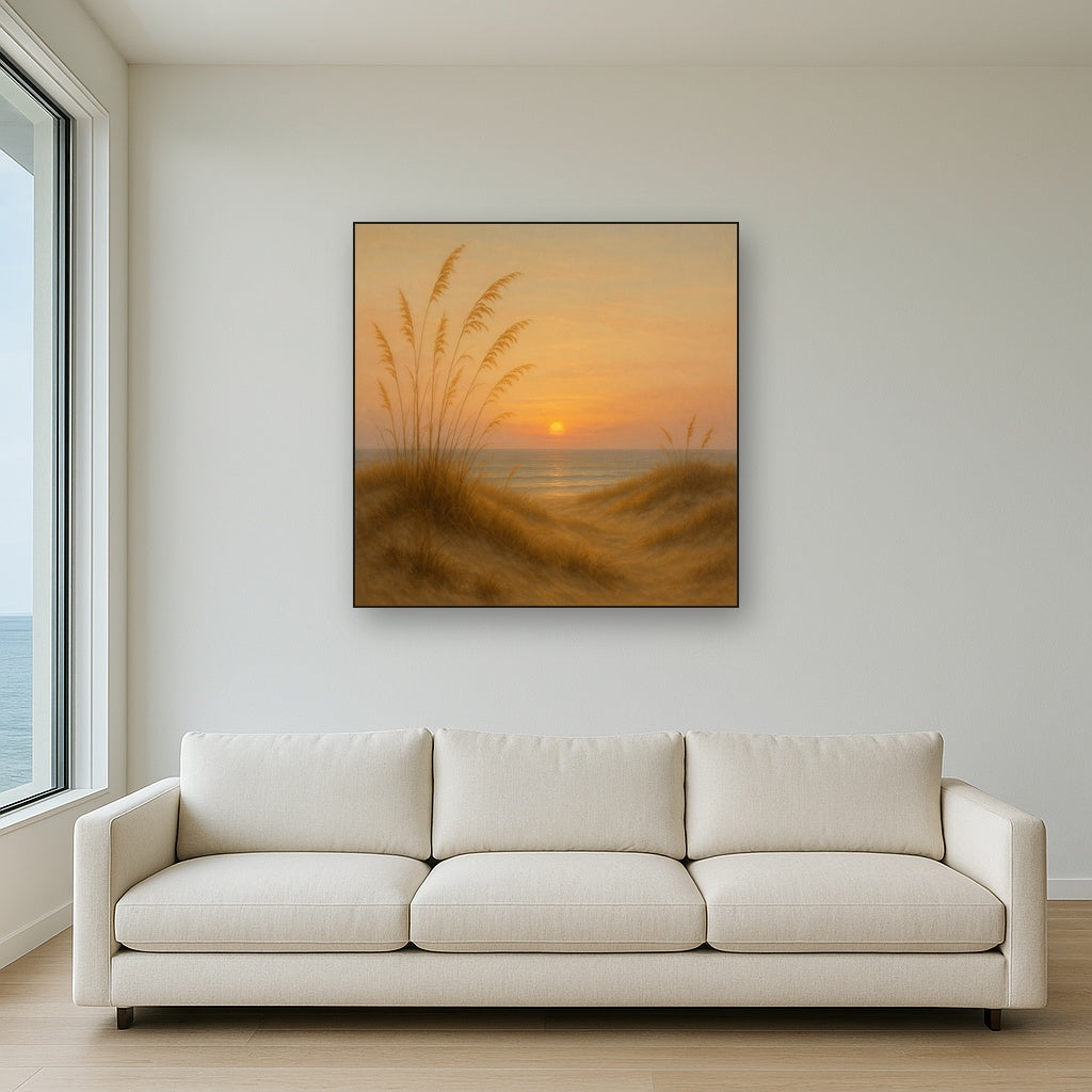 Sea Oats on Rolling Coastal Dunes at Sunset No. 4 Oil Painting Staged Above Sectional Sofa in Living Room, Hand Painted Canvas Wall Art for Home Decor
