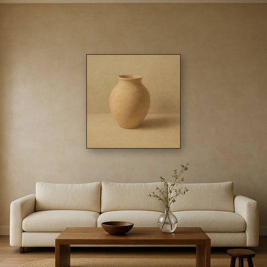 Organic Clay Vessel & Solitary Shadow No. 19 Oil Painting Staged Above Sectional Sofa in Living Room, Hand Painted Canvas Wall Art for Home Decor