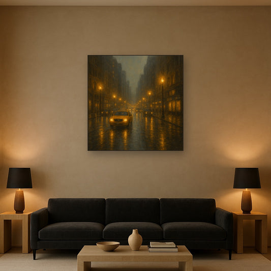 Rain-Drenched Manhattan Avenue Lights No. 8 Oil Painting Staged Above Sectional Sofa in Living Room, Hand Painted Canvas Wall Art for Home Decor