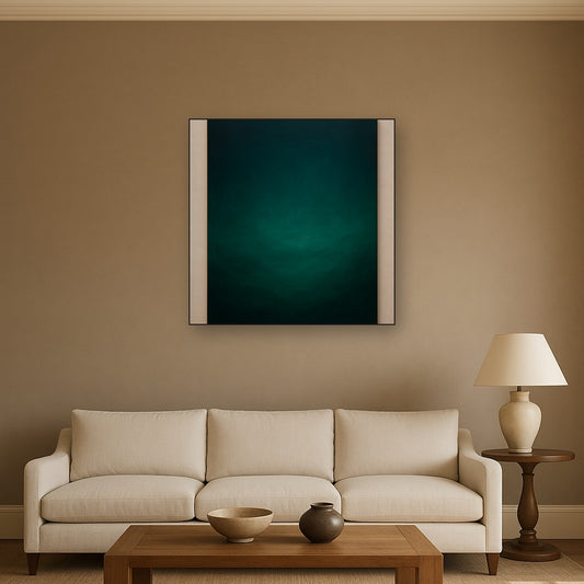 Midnight Teal & Deep Malachite Gradient No. 12 Oil Painting Staged Above Sectional Sofa in Living Room, Hand Painted Canvas Wall Art for Home Decor