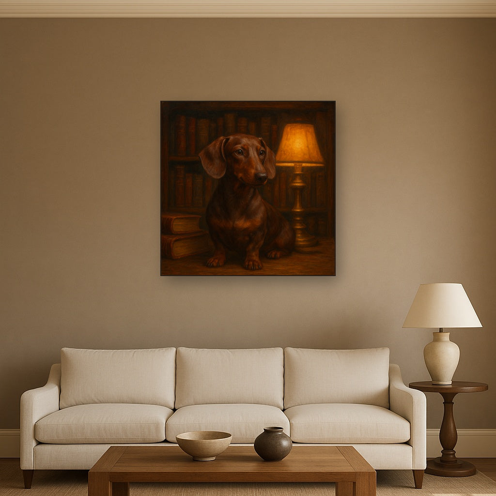 Smooth Dachshund in Moody Library Study Fine Art Oil Painting - View 2