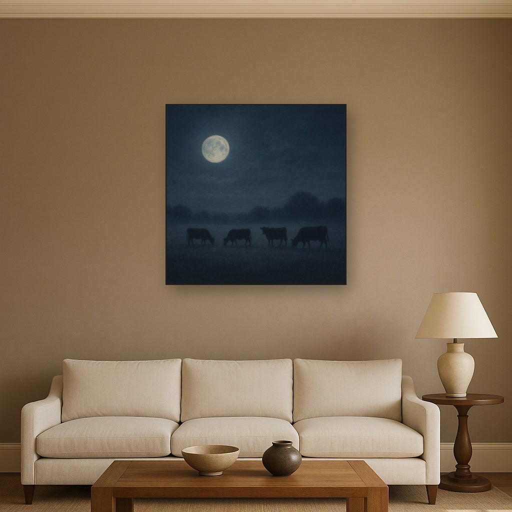 Moonlit Pastoral Meadow & Cattle Silhouettes No. 6 Oil Painting - View 2
