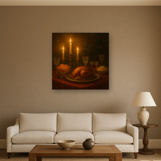 Candlelit Holiday Table & Vintage Glassware No. 6 Oil Painting Staged Above Sectional Sofa in Living Room, Hand Painted Canvas Wall Art for Home Decor