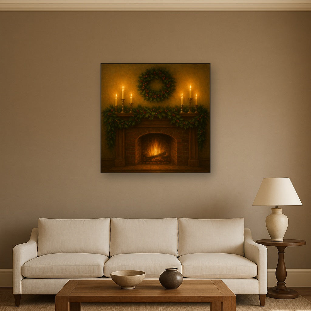 Vintage Fireside Hearth & Cedar Garlands No. 4 Oil Painting - View 2