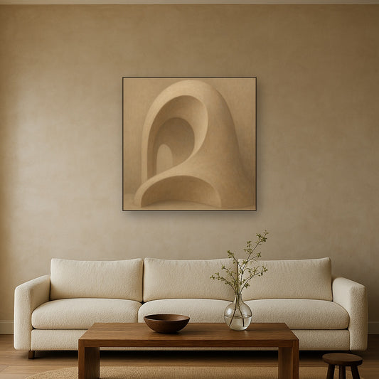 Soft Architectural Curve in Desert Bone No. 24 Oil Painting Staged Above Sectional Sofa in Living Room, Hand Painted Canvas Wall Art for Home Decor