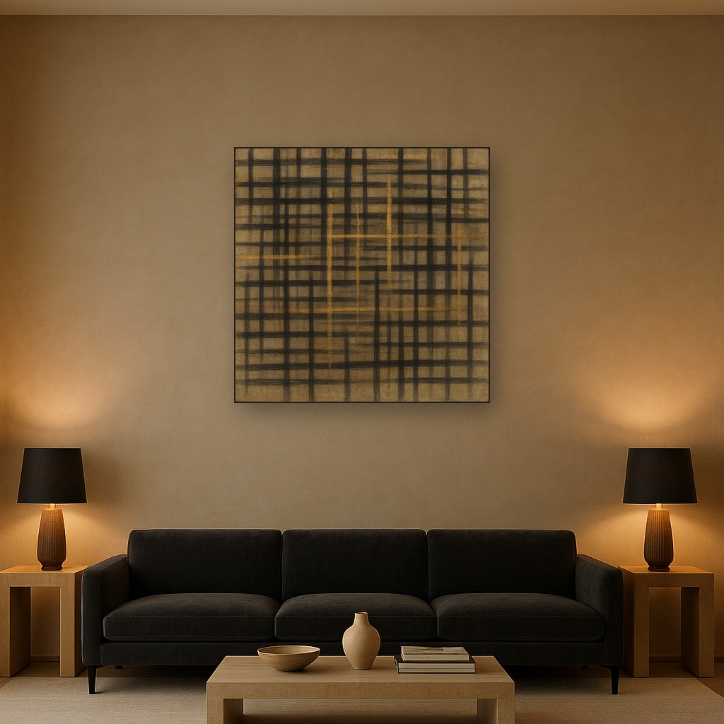 Abstract Woven Line Matrix in Charcoal & Gold No. 12 Fine Art Oil Painting - View 2