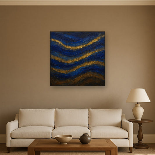 Royal Lapis Lazuli & Gold Leaf Strata No. 5 Oil Painting - Styled in Modern Living Room
